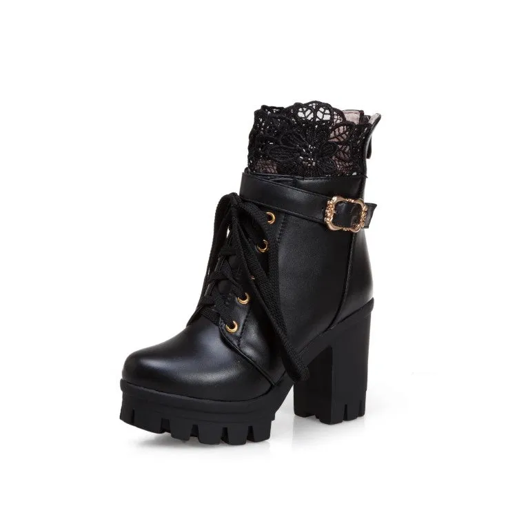 Women's Pu Leather Round Toe Lace Lace-Up Buckle Straps Block Chunky Heel Platform Short Boots