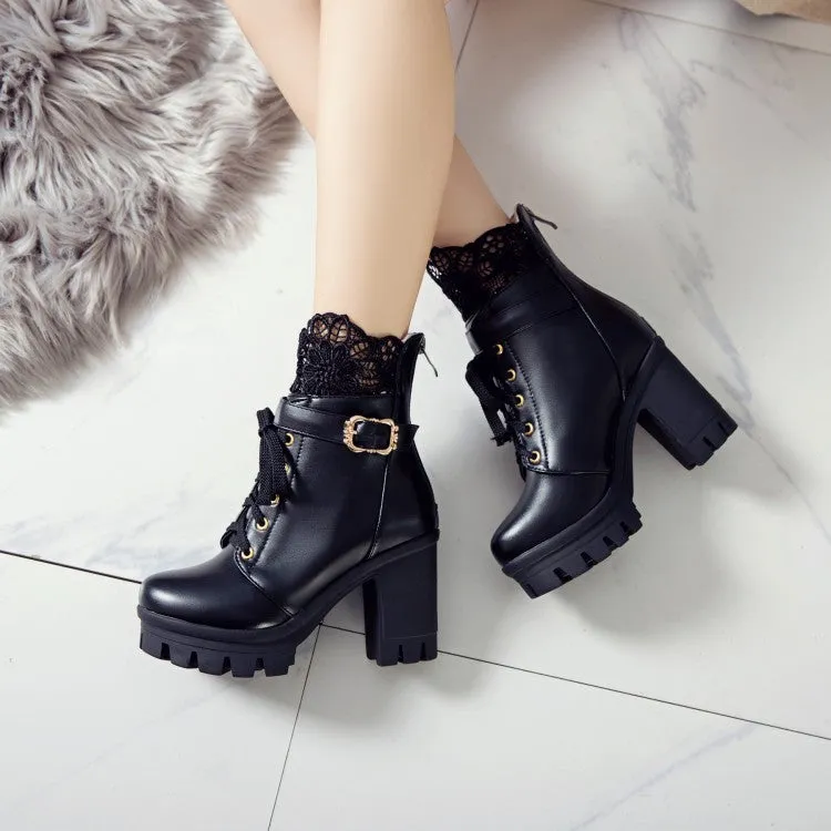 Women's Pu Leather Round Toe Lace Lace-Up Buckle Straps Block Chunky Heel Platform Short Boots