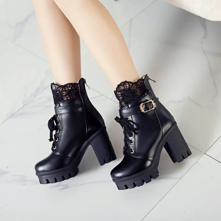 Women's Pu Leather Round Toe Lace Lace-Up Buckle Straps Block Chunky Heel Platform Short Boots