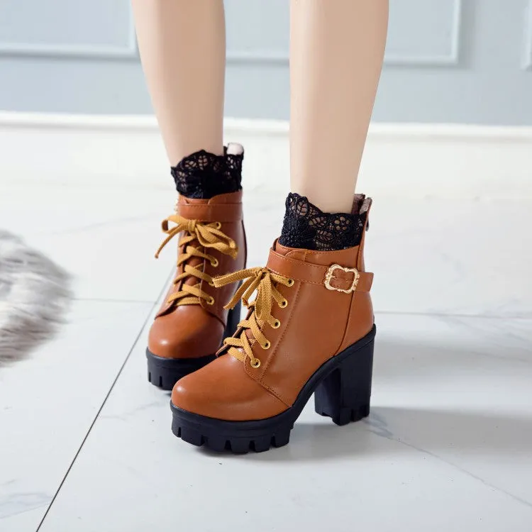 Women's Pu Leather Round Toe Lace Lace-Up Buckle Straps Block Chunky Heel Platform Short Boots