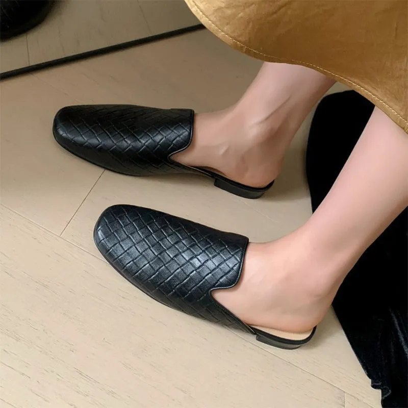 Woven Leather Mules for Women Backless Loafers in Black/Apricot