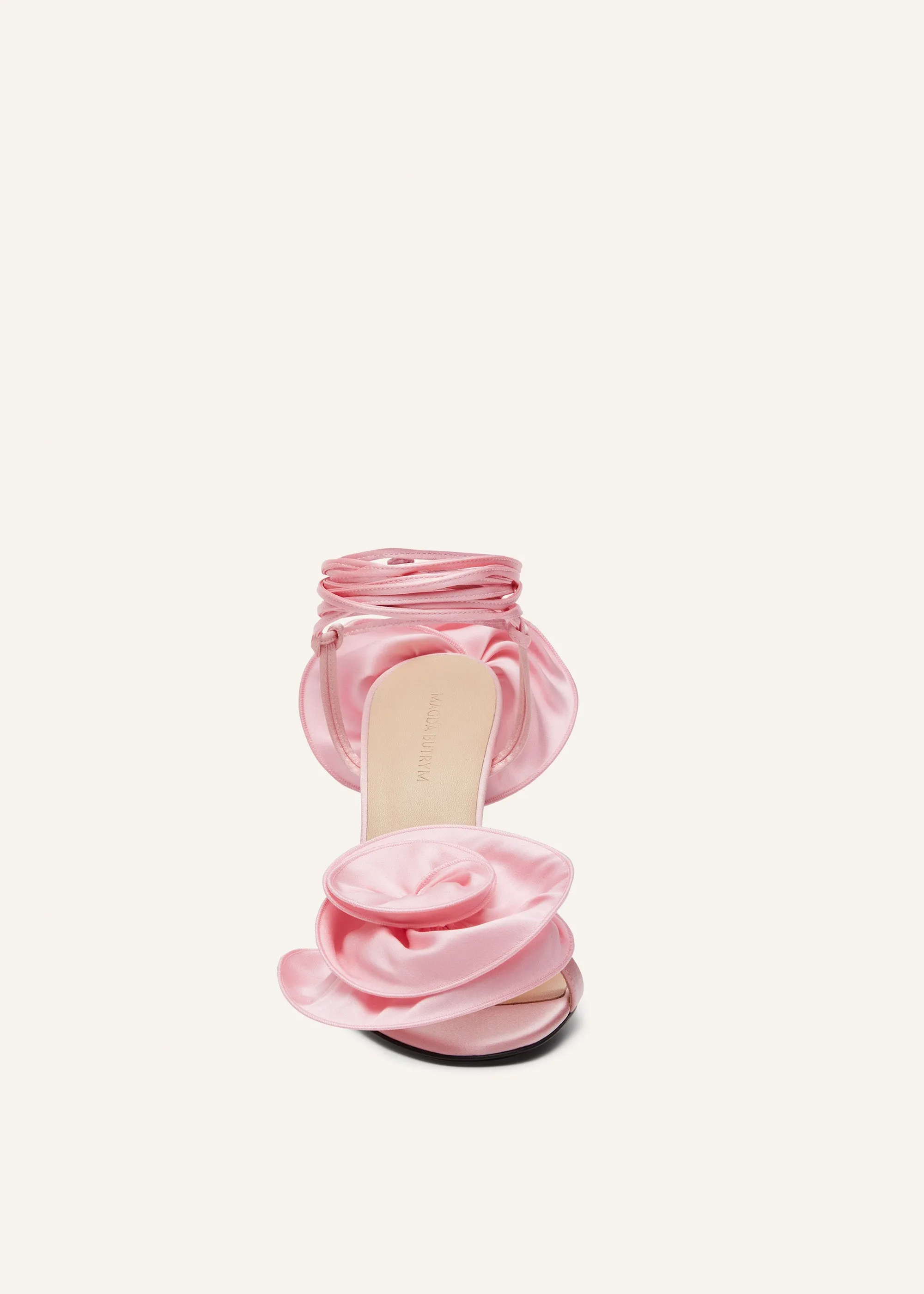 Wrap-around double-flower sandals in pink satin